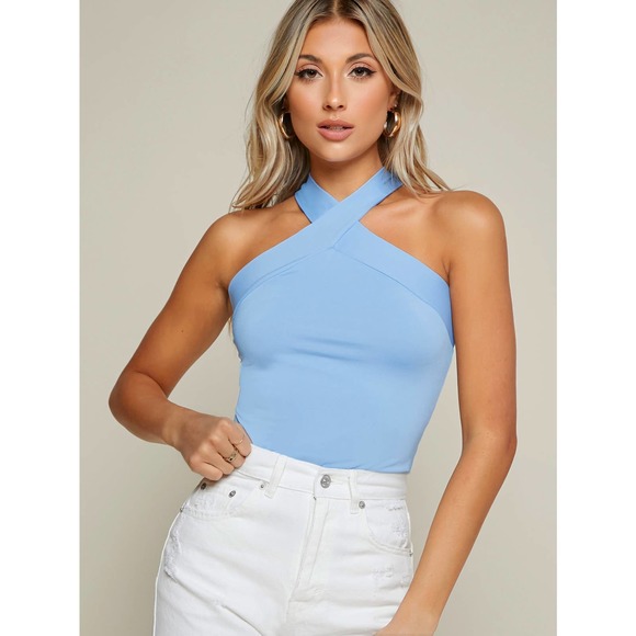 Y2K Fitted Crisscross Halter Tank Top white - Picture 3 of 11